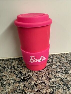 NWT Barbie Bright Pink Reusable Coffee Cup with Silicone Sleeve and Silicone Lid